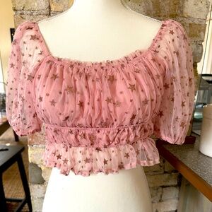 Altered State Pink Crop Top with Foley Sleeves and Gold Star accents ⭐️